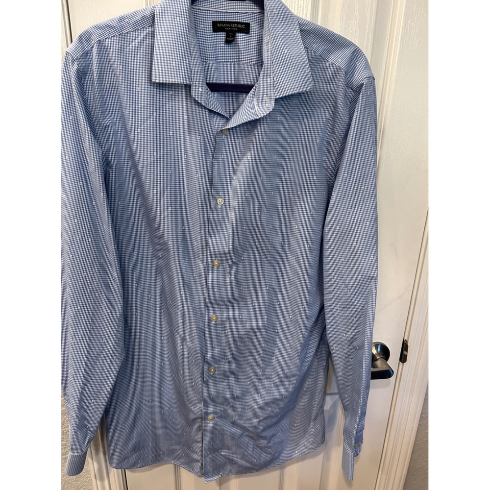 Banana‎ Republic Dress Shirt Blue Gingham Grant Fit Non-Iron Tall L Tall Mens